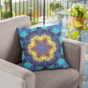 Mosaic Kaleidoscope Flower Blue and Yellow Cushion