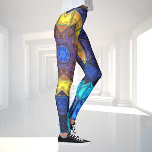 Mosaic Kaleidoscope Flower Blue and Yellow Leggings