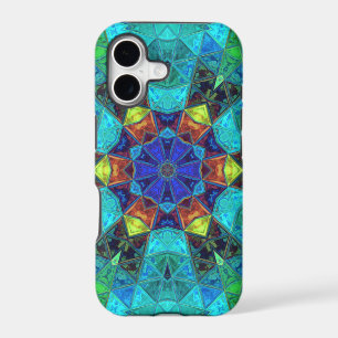 Mosaic Kaleidoscope Flower Blue Green and Orange