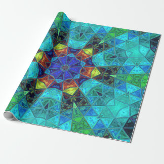 Mosaic Kaleidoscope Flower Blue Green and Orange Wrapping Paper