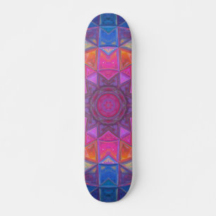 Mosaic Kaleidoscope Flower Blue Pink and Yellow Skateboard