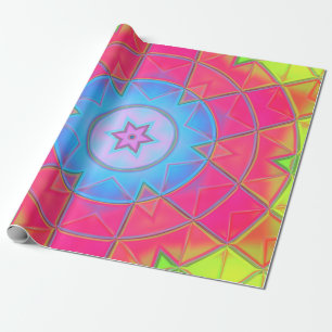 Mosaic Kaleidoscope Flower Blue Pink and Yellow Wrapping Paper