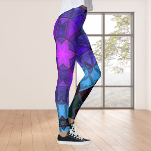 Mosaic Kaleidoscope Flower Blue Purple and Black Leggings