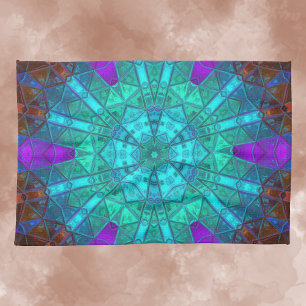 Mosaic Kaleidoscope Flower Blue Purple and Red Tea Towel