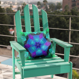 Mosaic Kaleidoscope Flower Blue Purple and Teal Cushion