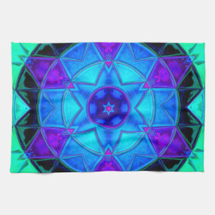Mosaic Kaleidoscope Flower Blue Purple and Teal Tea Towel