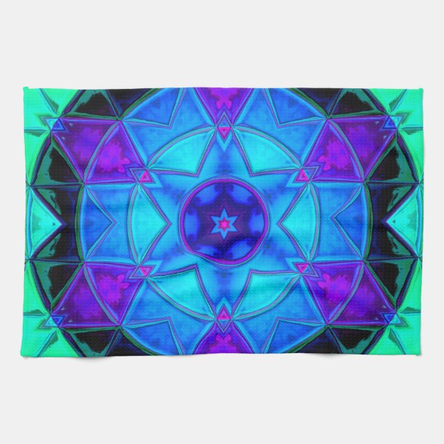 Mosaic Kaleidoscope Flower Blue Purple and Teal Tea Towel (Horizontal)