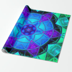 Mosaic Kaleidoscope Flower Blue Purple and Teal Wrapping Paper