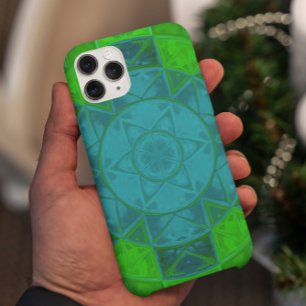 Mosaic Kaleidoscope Flower Green and Blue iPhone 11 Case