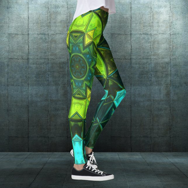 Mosaic Kaleidoscope Flower Green and Blue Leggings (Creator Uploaded)