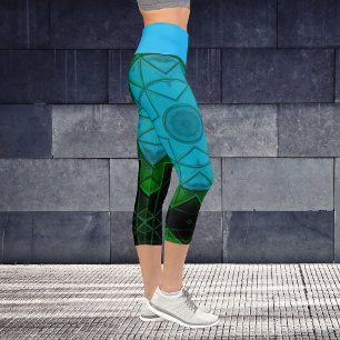 Mosaic Kaleidoscope Flower Green and Blue Leggings