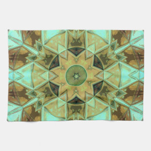Mosaic Kaleidoscope Flower Green and Brown Tea Towel