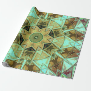 Mosaic Kaleidoscope Flower Green and Brown Wrapping Paper