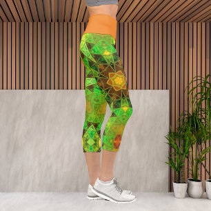 Mosaic Kaleidoscope Flower Green and Orange Leggin Capri Leggings