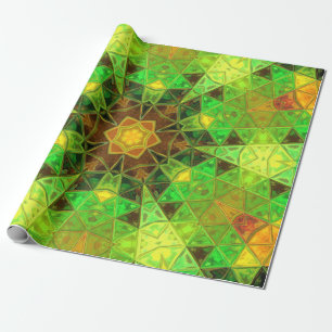 Mosaic Kaleidoscope Flower Green and Orange Wrapping Paper