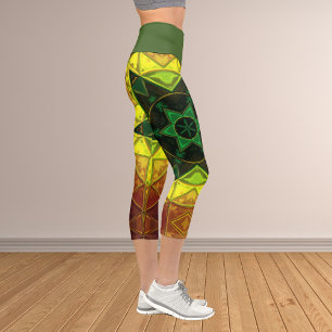 Mosaic Kaleidoscope Flower Green and Yellow Leggin Capri Leggings