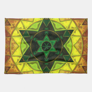 Mosaic Kaleidoscope Flower Green and Yellow Tea Towel