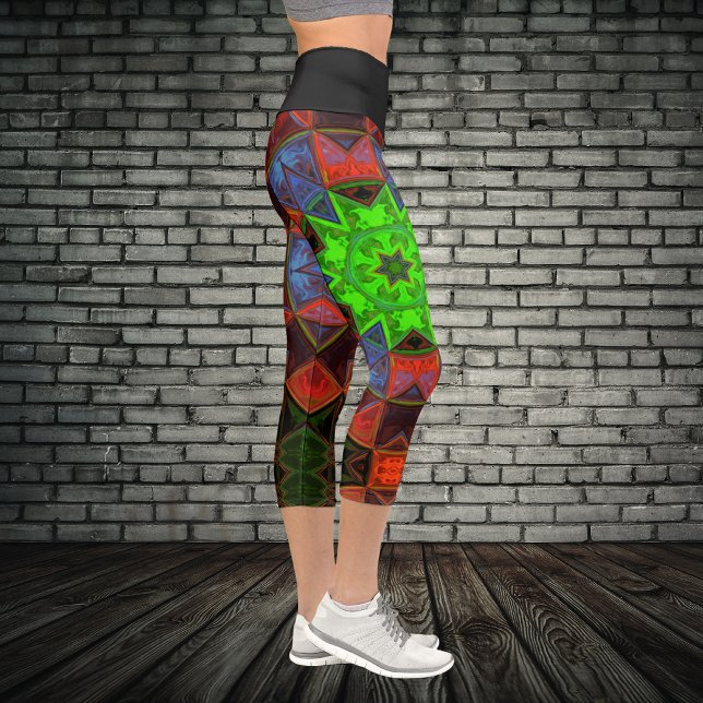 Mosaic Kaleidoscope Flower Green Blue and Red Legg Capri Leggings (Creator Uploaded)