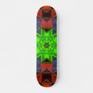 Mosaic Kaleidoscope Flower Green Blue and Red Skateboard