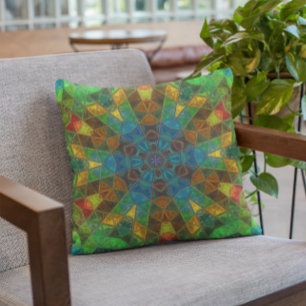 Mosaic Kaleidoscope Flower Green Blue and Yellow Cushion