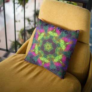 Mosaic Kaleidoscope Flower Green Pink and Purple Cushion