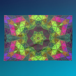 Mosaic Kaleidoscope Flower Green Pink and Purple Tea Towel