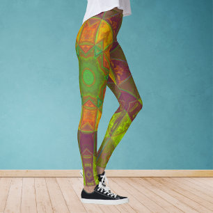 Mosaic Kaleidoscope Flower Green Purple and Orange Leggings