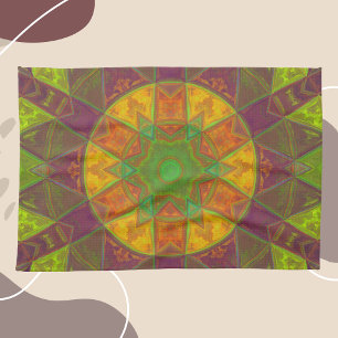Mosaic Kaleidoscope Flower Green Purple and Orange Tea Towel