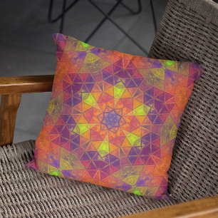 Mosaic Kaleidoscope Flower Orange Purple and Green Cushion
