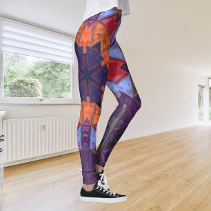 Mosaic Kaleidoscope Flower Orange Red and Purple Leggings