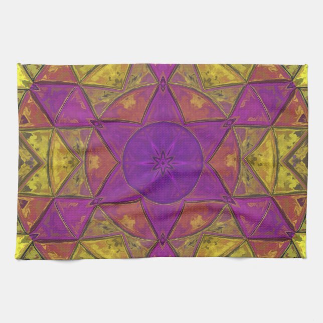 Mosaic Kaleidoscope Flower Pink and Yellow Tea Towel (Horizontal)