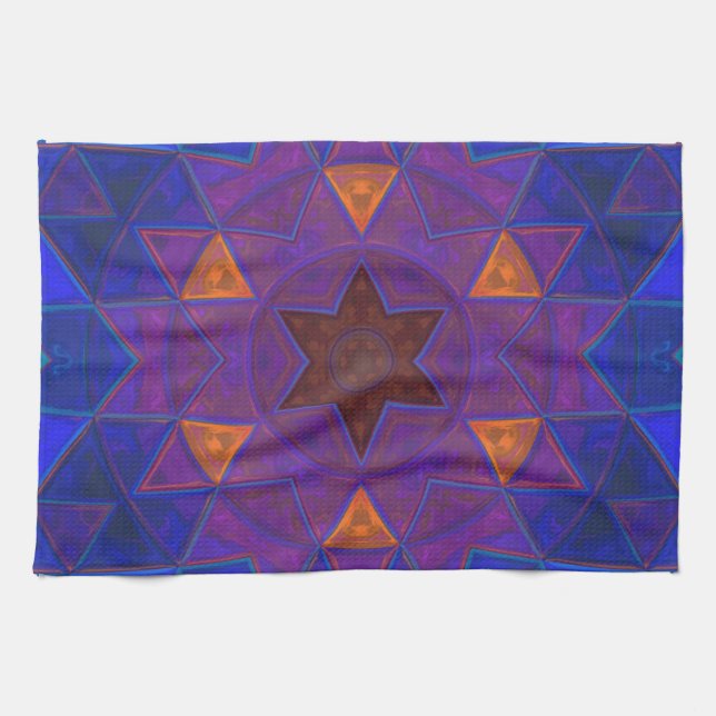 Mosaic Kaleidoscope Flower Pink Blue and Yellow Tea Towel (Horizontal)