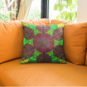 Mosaic Kaleidoscope Flower Pink Green and Yellow Cushion
