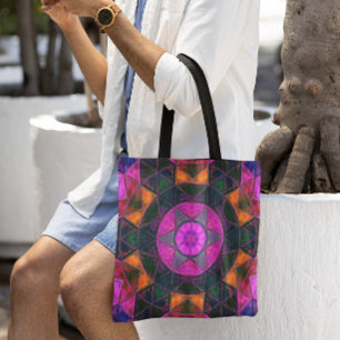 Mosaic Kaleidoscope Flower Pink Purple and Orange Tote Bag