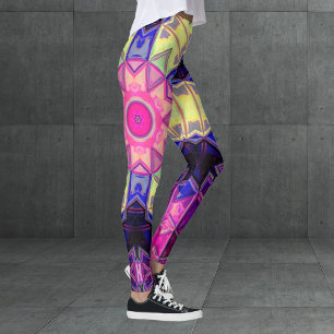 Mosaic Kaleidoscope Flower Pink Yellow and Blue Leggings