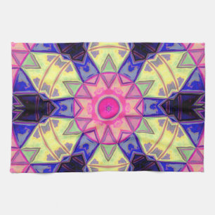 Mosaic Kaleidoscope Flower Pink Yellow and Blue Tea Towel