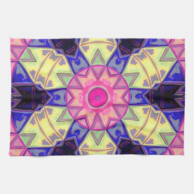 Mosaic Kaleidoscope Flower Pink Yellow and Blue Tea Towel (Horizontal)