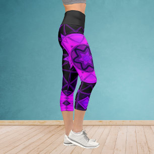Mosaic Kaleidoscope Flower Purple and Black Leggin Capri Leggings
