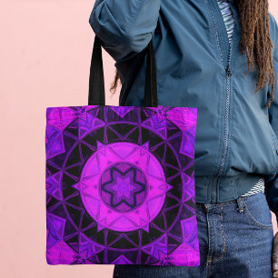 Mosaic Kaleidoscope Flower Purple and Black Tote Bag