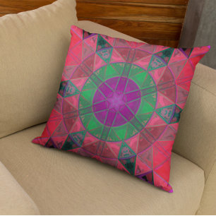 Mosaic Kaleidoscope Flower Purple Green and Pink Cushion