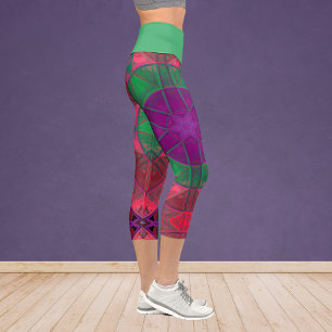 Mosaic Kaleidoscope Flower Purple Green and Pink L Capri Leggings