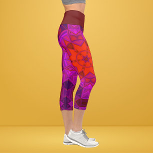 Mosaic Kaleidoscope Flower Purple Pink and Red Leg Capri Leggings