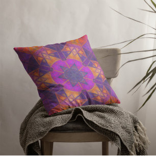 Mosaic Kaleidoscope Flower Purple Pink and Yellow Cushion