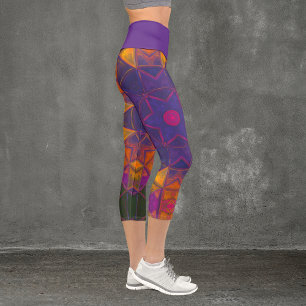 Mosaic Kaleidoscope Flower Purple Yellow and Pink Capri Leggings