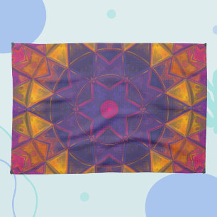 Mosaic Kaleidoscope Flower Purple Yellow and Pink Tea Towel