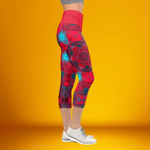 Mosaic Kaleidoscope Flower Red and Blue Leggings