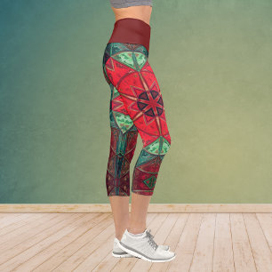 Mosaic Kaleidoscope Flower Red and Teal Leggings