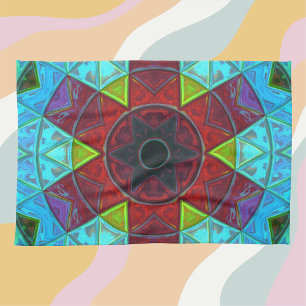 Mosaic Kaleidoscope Flower Red Blue and Green Tea Towel