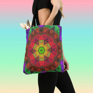 Mosaic Kaleidoscope Flower Red Green and Purple Tote Bag