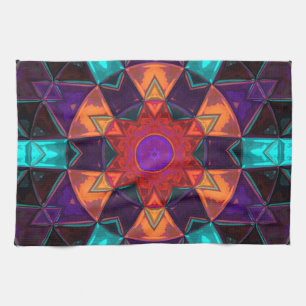 Mosaic Kaleidoscope Flower Red Orange and Blue Tea Towel